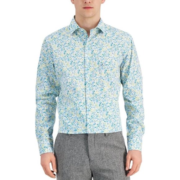 Bar III Mens Dress Shirt Slim Fit Calma Floral Stretch 100% Cotton Blue Yellow S - Picture 1 of 3